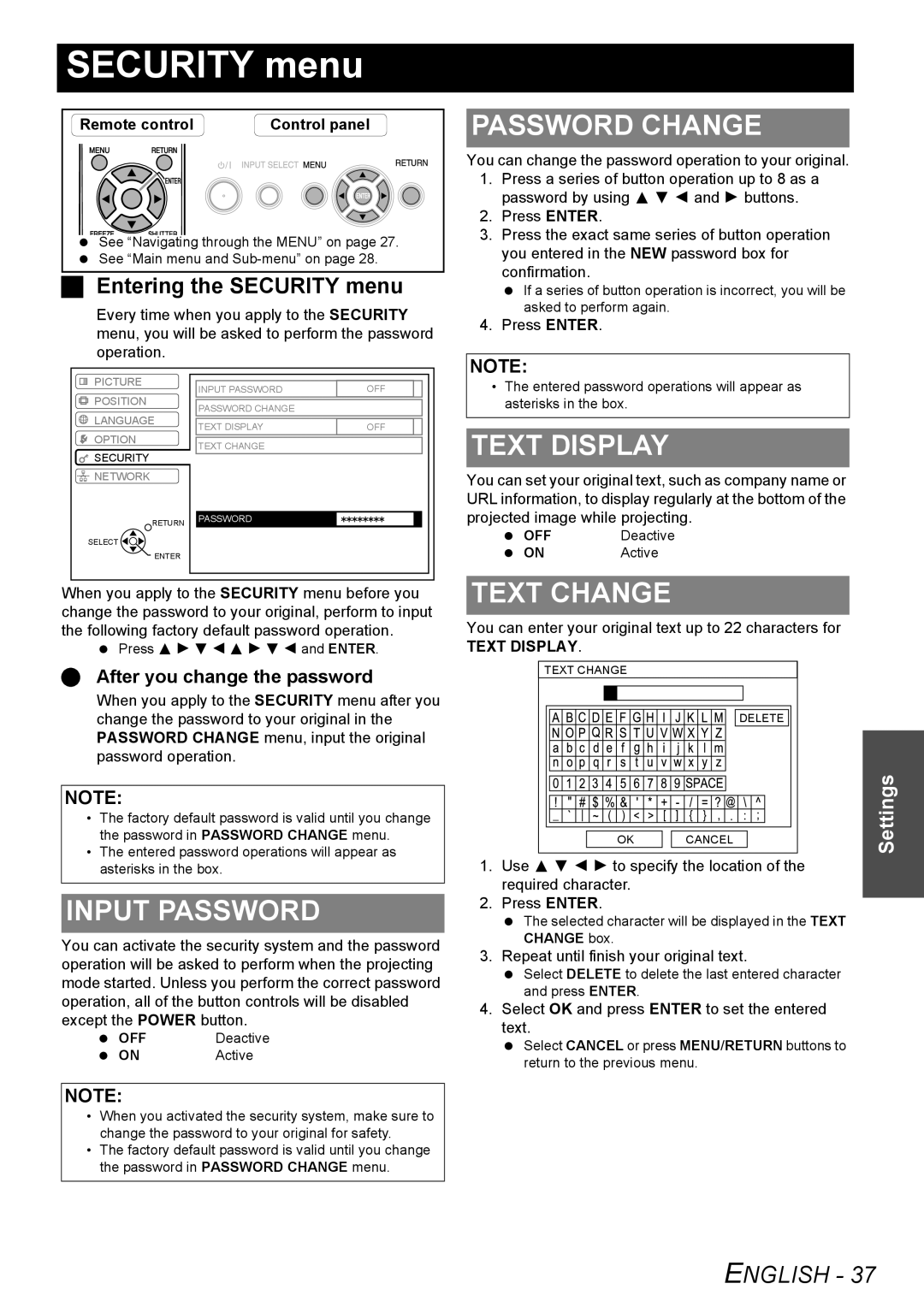 Panasonic PT-FW100NTU manual SECURITY menu, Input Password, Password Change, Text Display, Text Change, English, Settings 