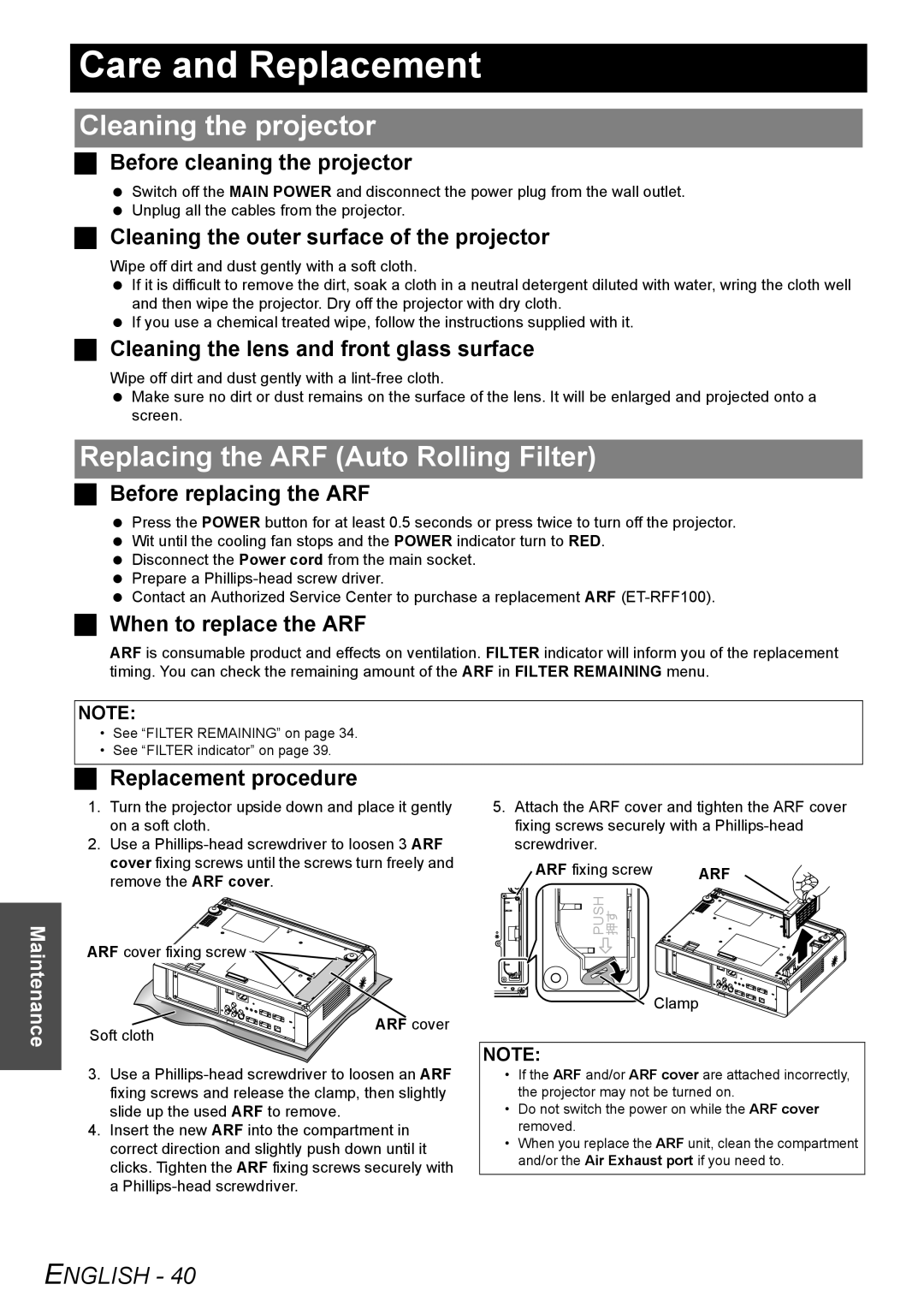 Panasonic PT-FW100NTU manual Care and Replacement, Cleaning the projector, Replacing the ARF Auto Rolling Filter, English 