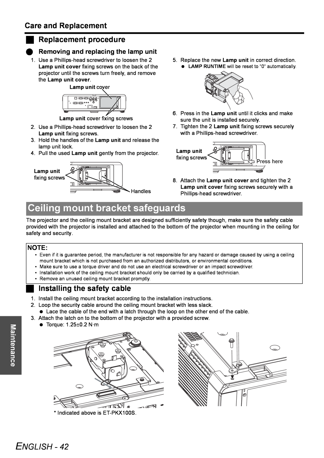 Panasonic PT-FW100NTU Ceiling mount bracket safeguards, Care and Replacement Replacement procedure, English, Maintenance 