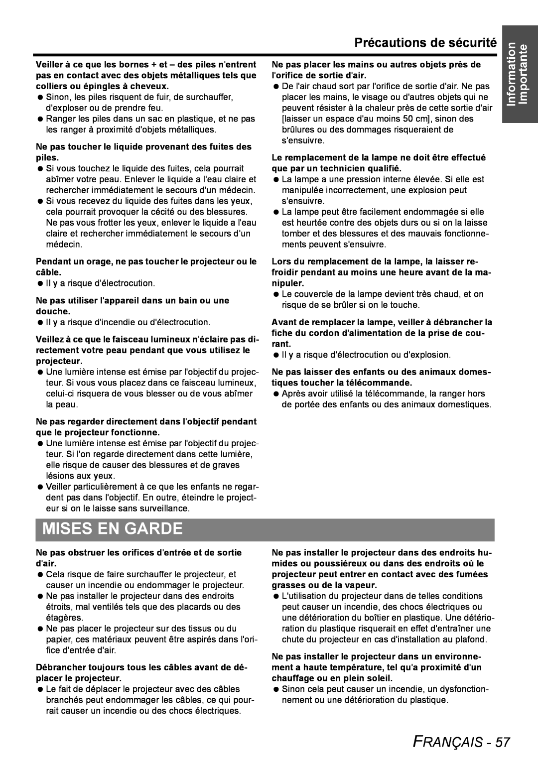 Panasonic PT-FW100NTU manual Mises En Garde, Précautions de sécurité, Français 