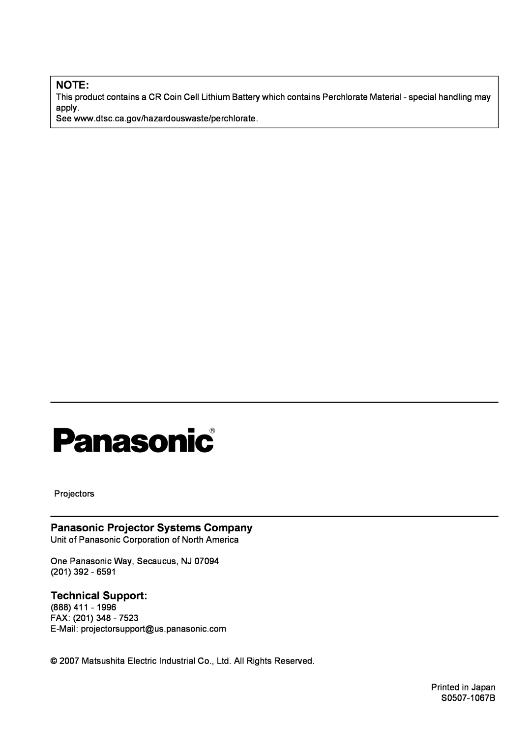 Panasonic PT-FW100NTU Panasonic Projector Systems Company, Technical Support, Projectors, Printed in Japan S0507-1067B 