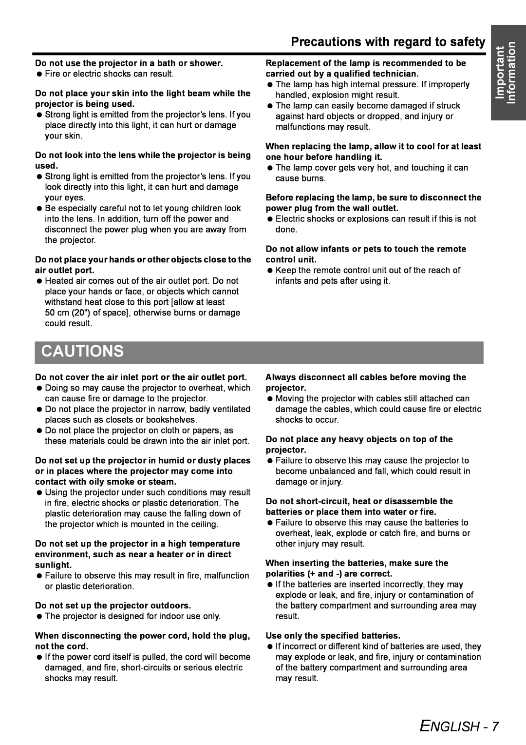 Panasonic PT-FW100NTU manual Cautions, Precautions with regard to safety, English 