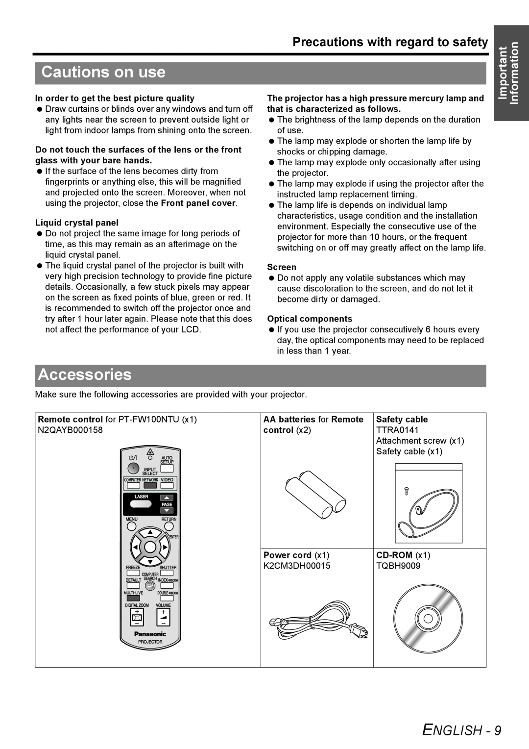 Panasonic PT-FW100NTU Cautions on use, Accessories, English, Precautions with regard to safety, Important Information 