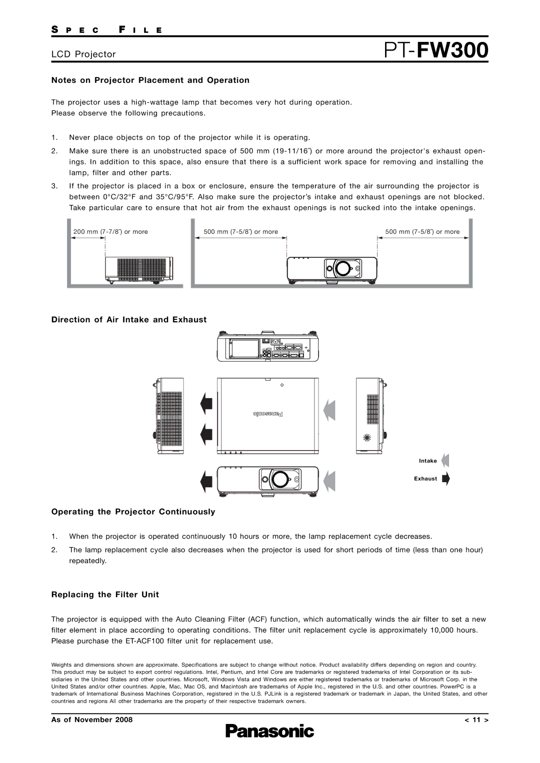 Panasonic PT-FW300 Direction of Air Intake and Exhaust, Operating the Projector Continuously, Replacing the Filter Unit 