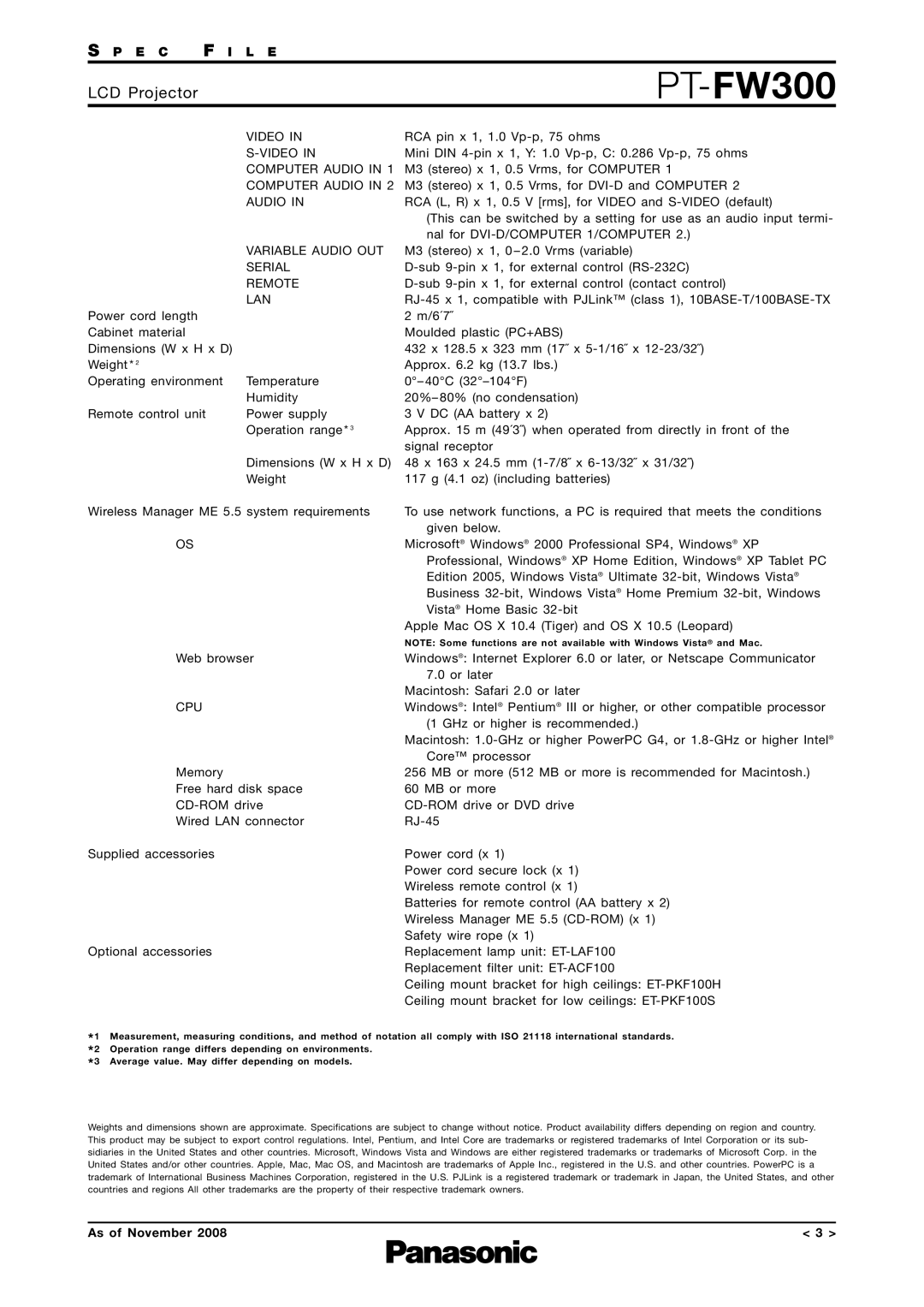 Panasonic PT-FW300 specifications Video 