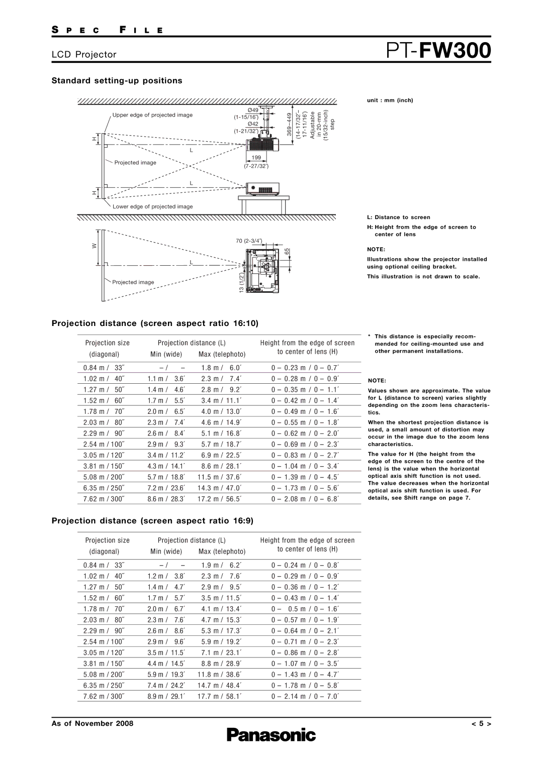 Panasonic PT-FW300 specifications Standard setting-up positions, Projection distance screen aspect ratio 