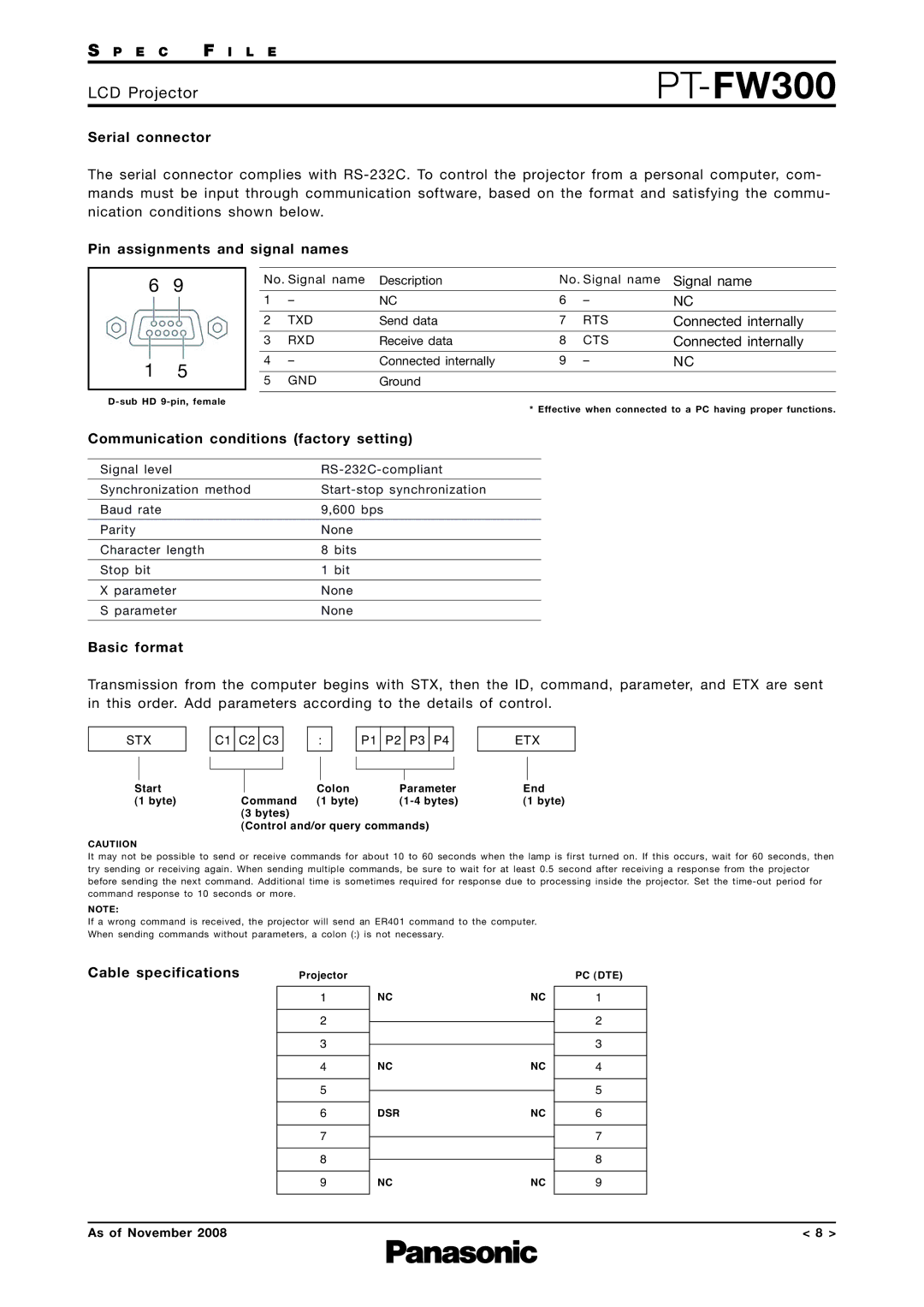 Panasonic PT-FW300 Serial connector, Pin assignments and signal names, Communication conditions factory setting 