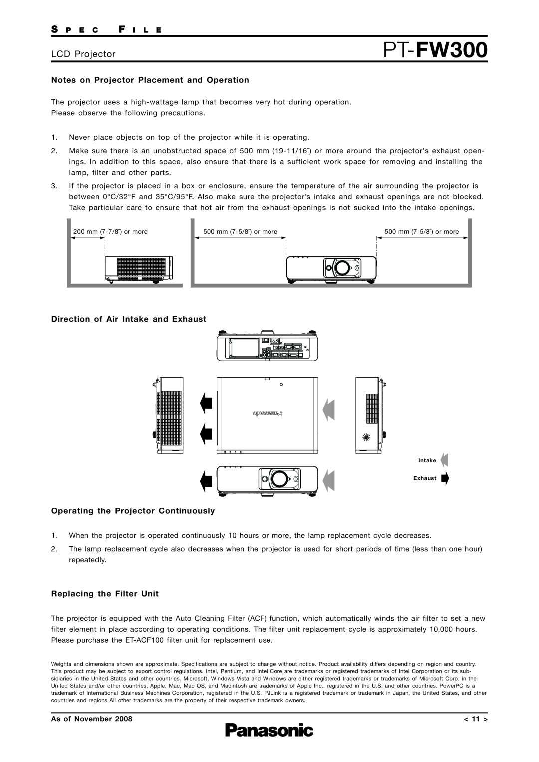 Panasonic PT-FW300 Notes on Projector Placement and Operation, Direction of Air Intake and Exhaust, LCD Projector 