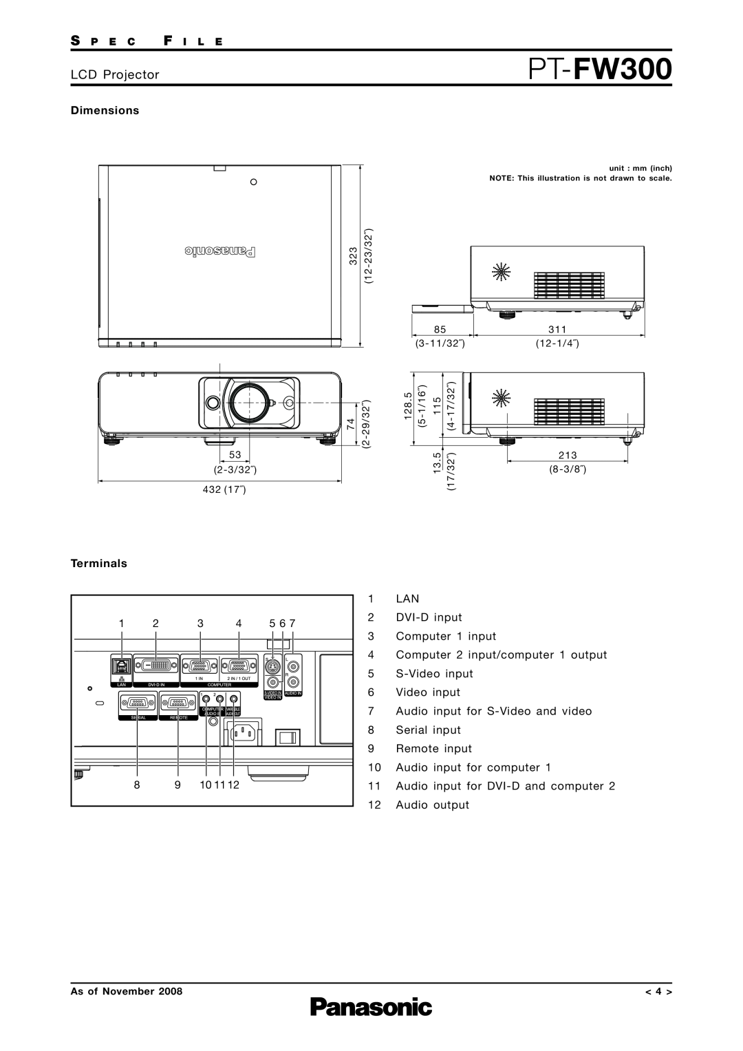 Panasonic PT-FW300 specifications Dimensions, Terminals, LCD Projector 