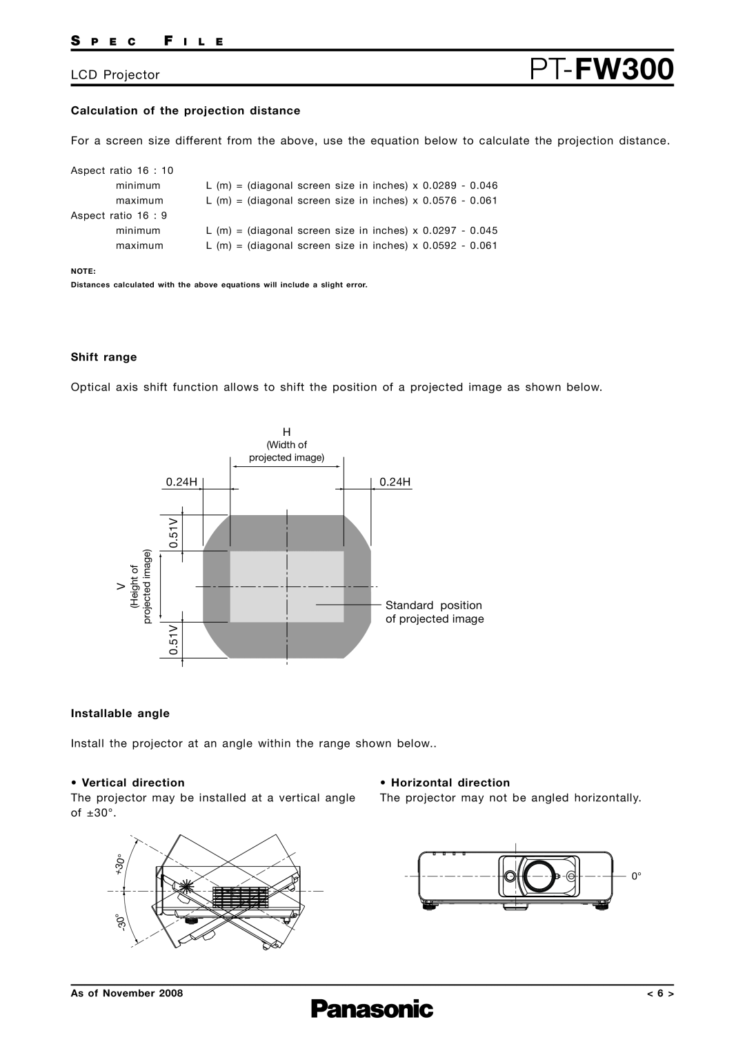 Panasonic PT-FW300 Calculation of the projection distance, Shift range, Installable angle, Vertical direction 