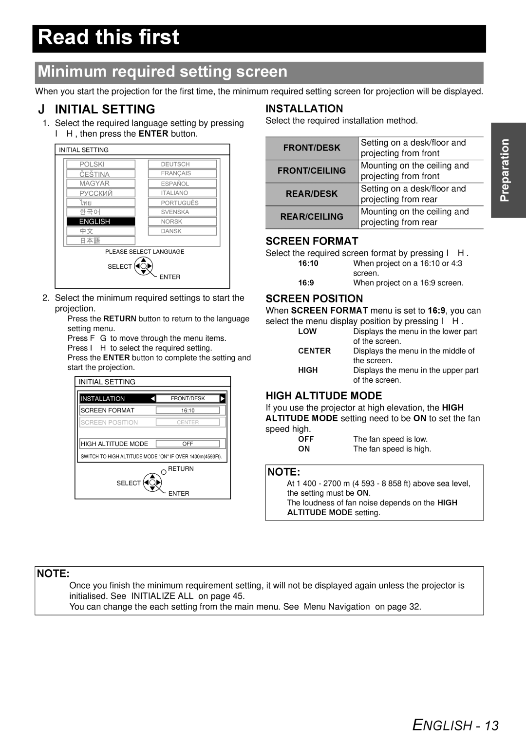 Panasonic PT-FW300NTE, PT-FW300E manual Read this first, Minimum required setting screen 