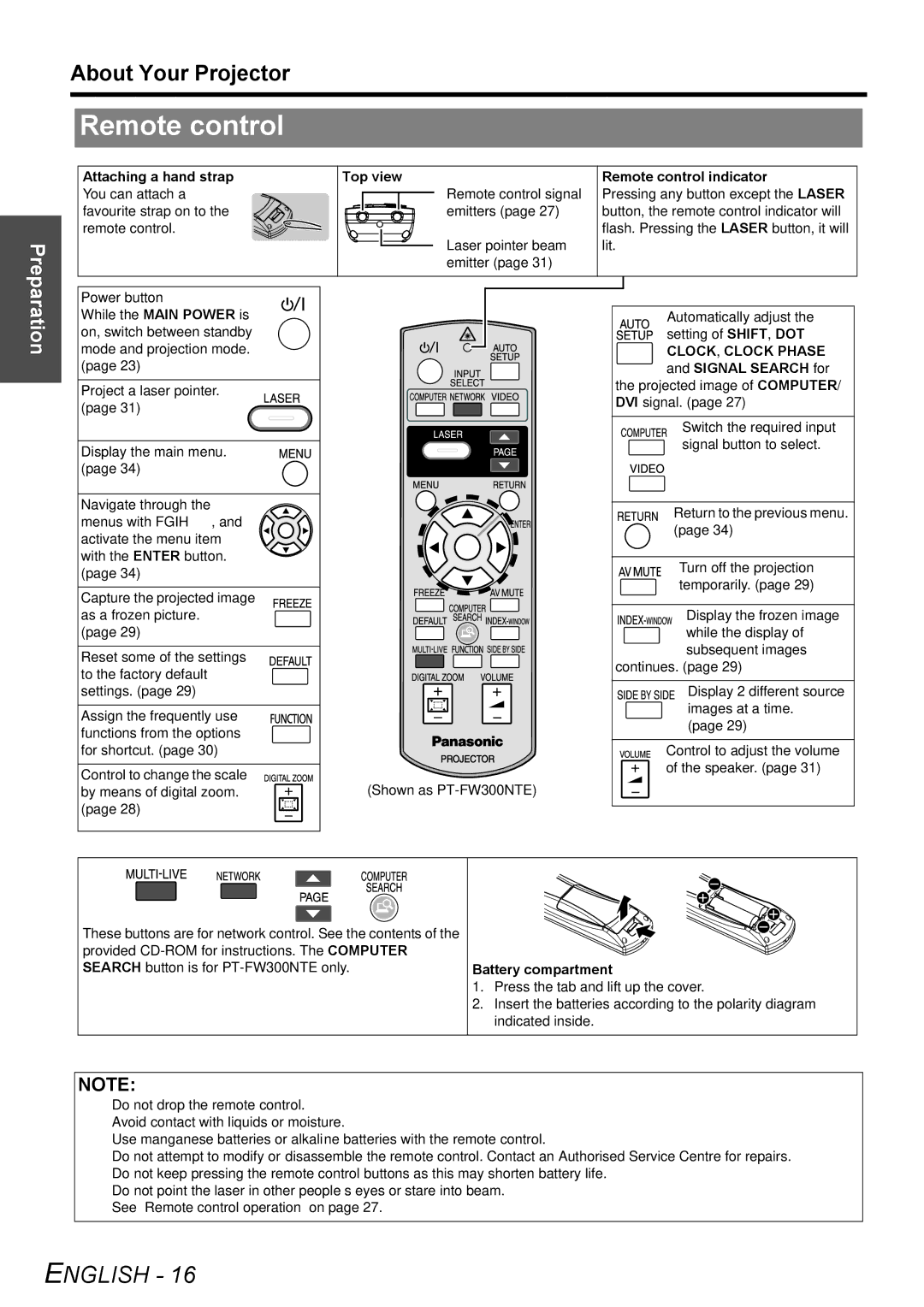 Panasonic PT-FW300E, PT-FW300NTE manual About Your Projector, Attaching a hand strap Top view Remote control indicator 