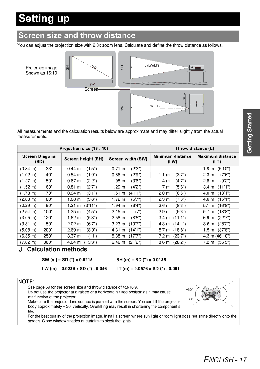 Panasonic PT-FW300NTE Setting up, Screen size and throw distance, Calculation methods, Projection size 16 Throw distance L 