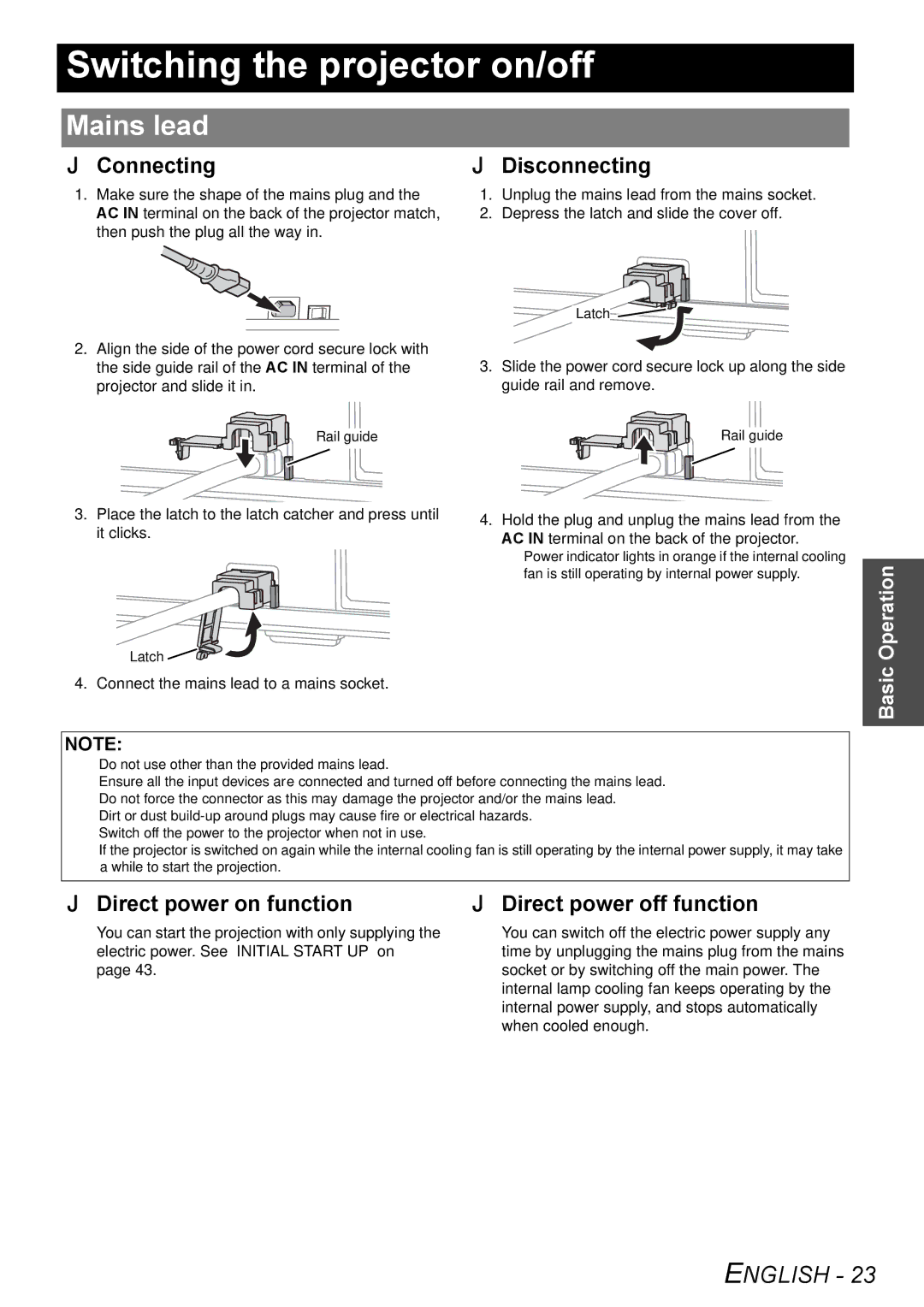 Panasonic PT-FW300NTE, PT-FW300E manual Switching the projector on/off, Mains lead, Connecting, Direct power on function 