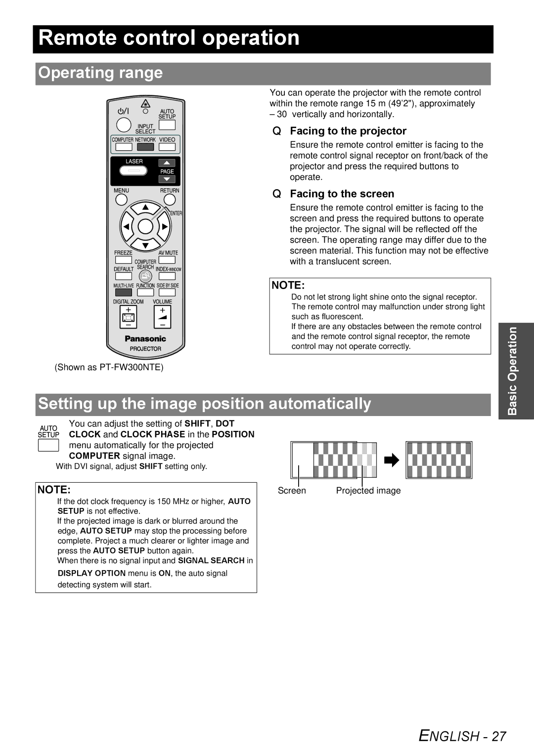 Panasonic PT-FW300NTE, PT-FW300E Remote control operation, Operating range, Setting up the image position automatically 