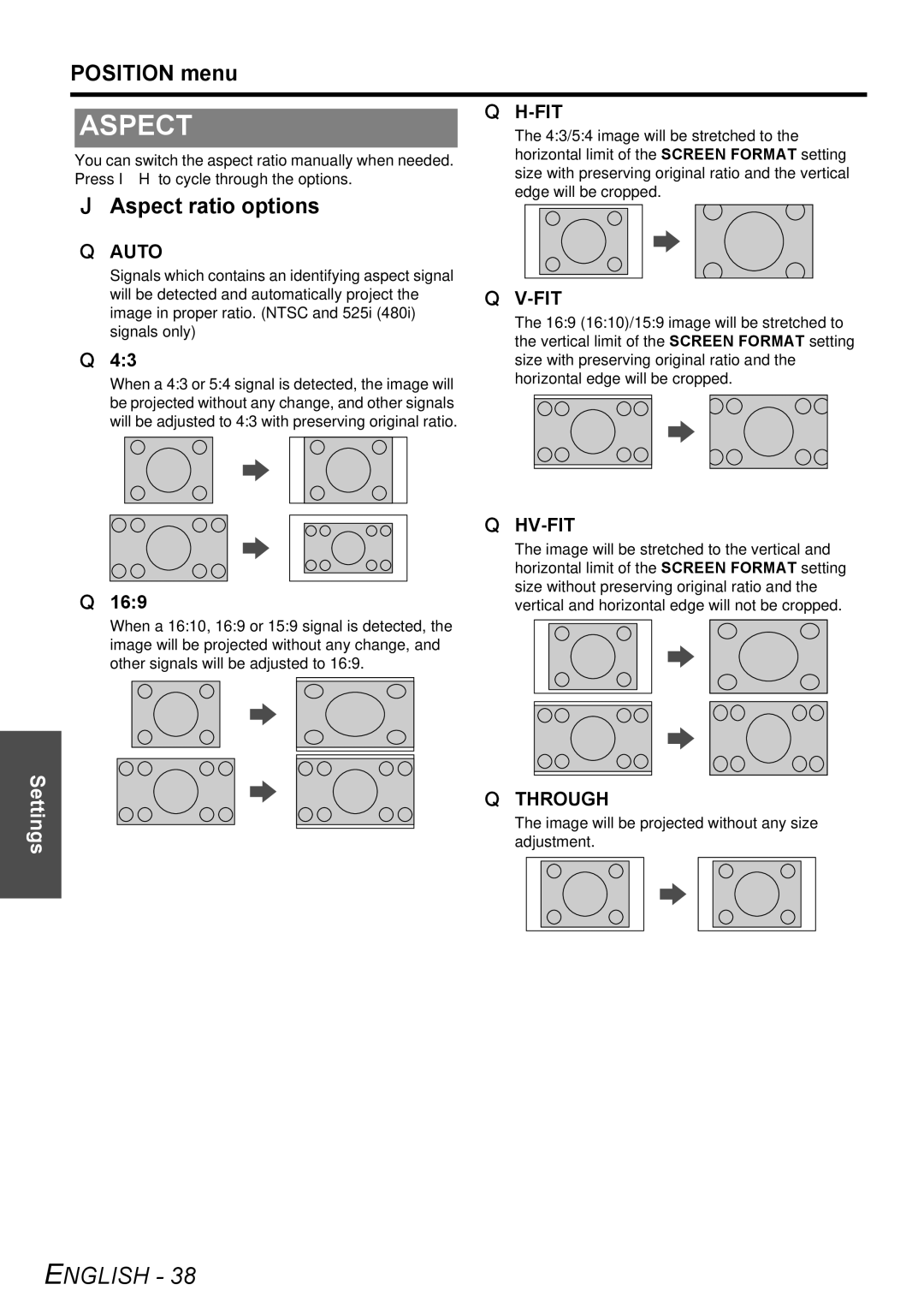 Panasonic PT-FW300E, PT-FW300NTE manual Position menu, Aspect ratio options, 169 