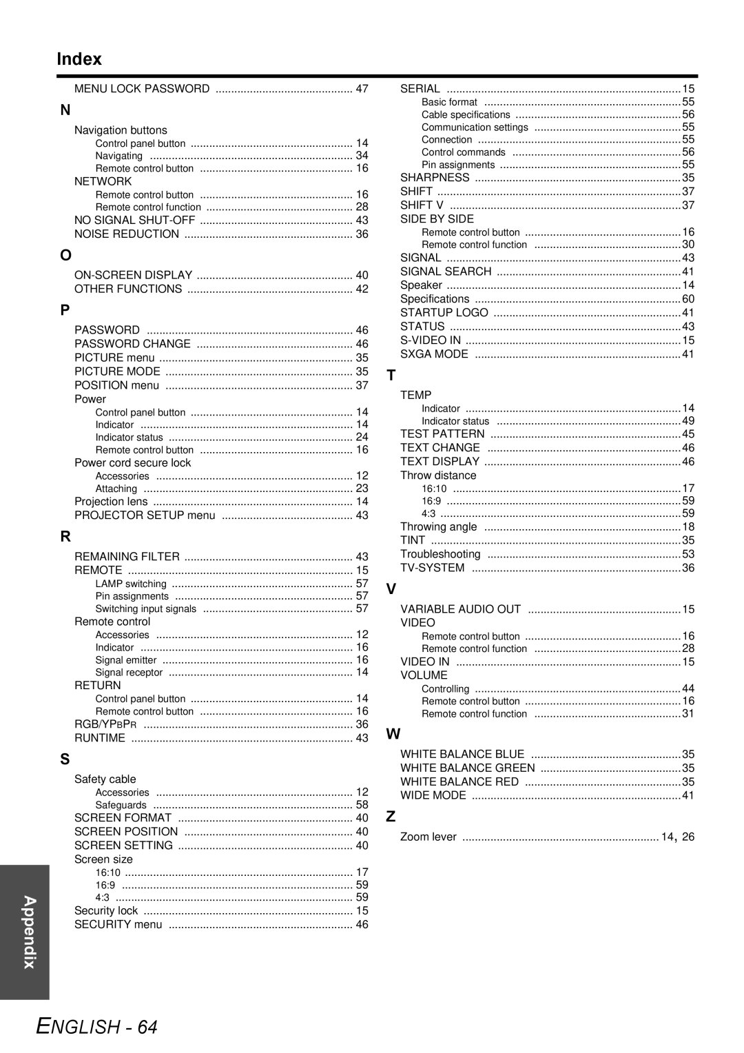 Panasonic PT-FW300E, PT-FW300NTE manual Index, Picture Mode 