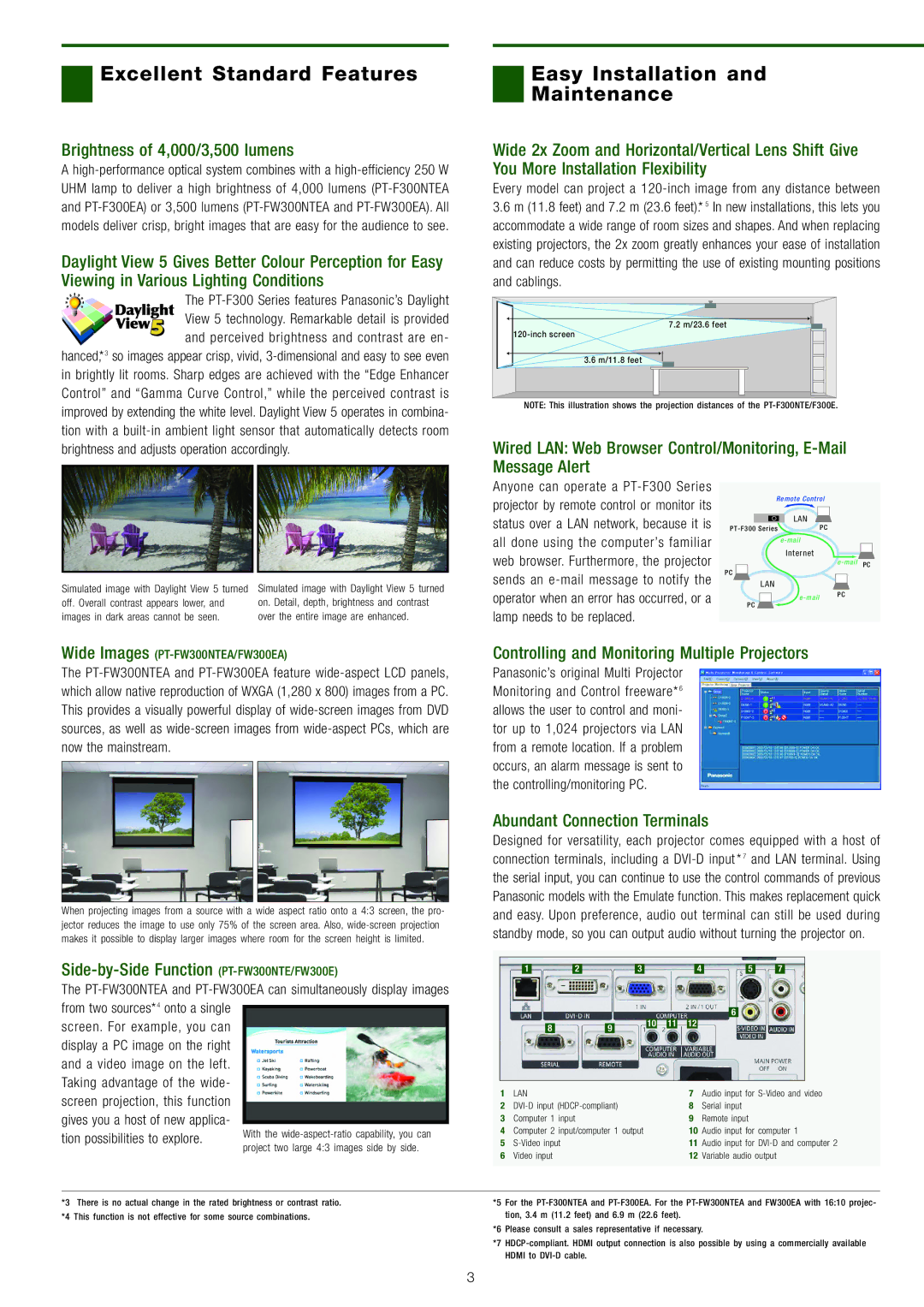 Panasonic PT-FW300EA manual Excellent Standard Features, Easy Installation Maintenance, Brightness of 4,000/3,500 lumens 