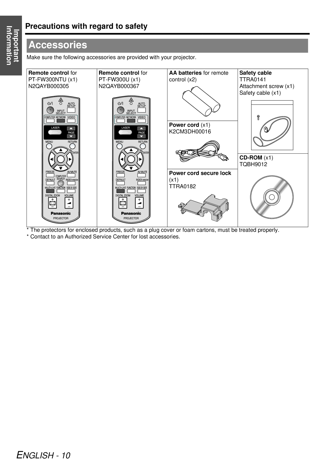 Panasonic PT-FW300NTU, PT-FW300U manual Accessories, Power cord secure lock 