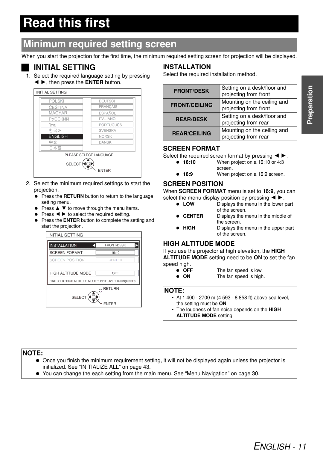 Panasonic PT-FW300U, PT-FW300NTU manual Read this first, Minimum required setting screen 