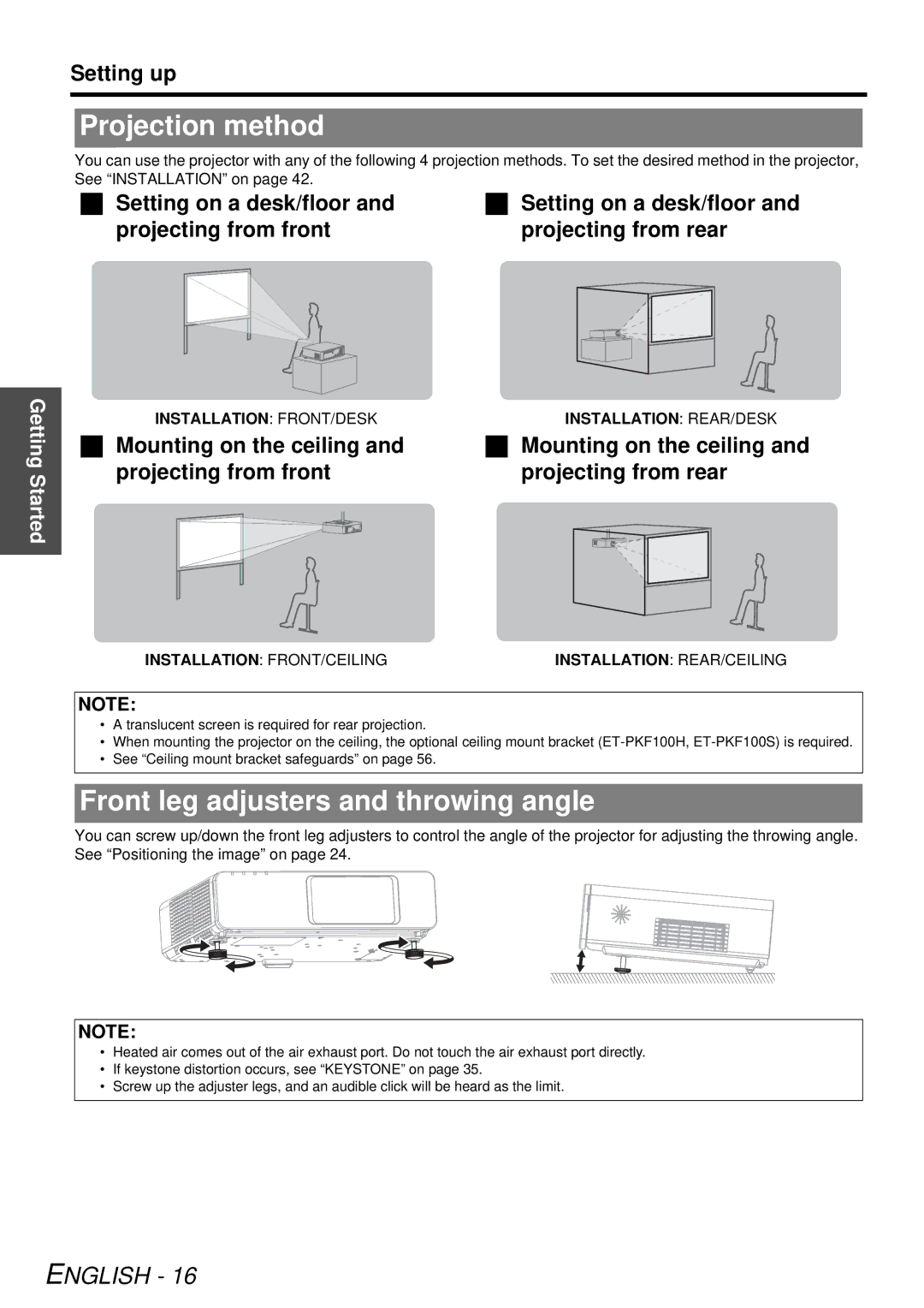 Panasonic PT-FW300NTU, PT-FW300U manual Projection method, Front leg adjusters and throwing angle, Setting up 