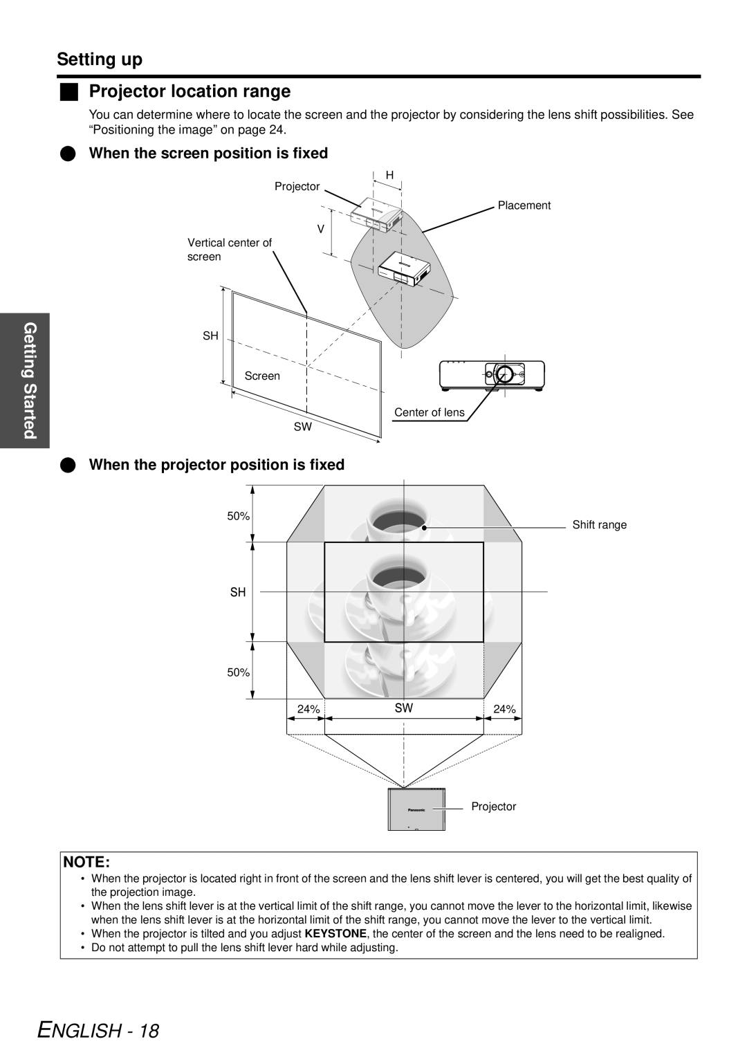 Panasonic PT-FW300NTU, PT-FW300U manual Setting up Projector location range, When the screen position is fixed 