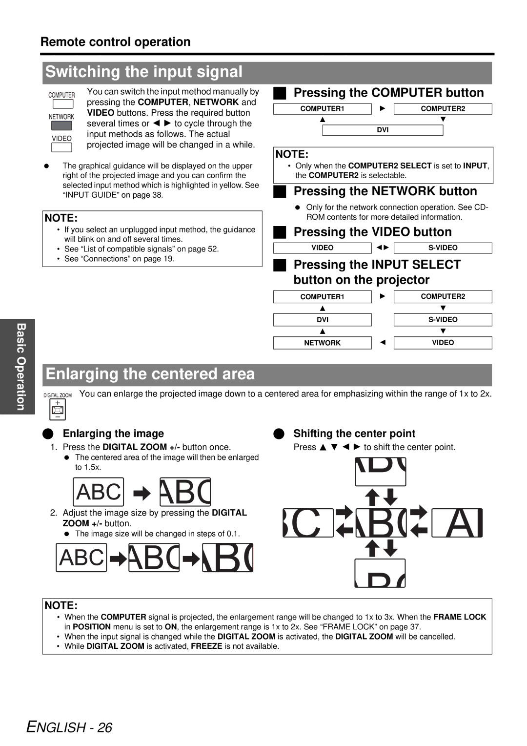 Panasonic PT-FW300NTU, PT-FW300U manual Switching the input signal, Enlarging the centered area 