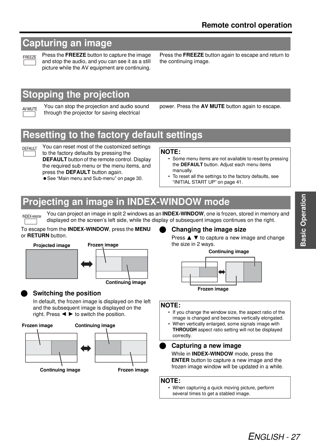 Panasonic PT-FW300U, PT-FW300NTU Capturing an image, Stopping the projection, Resetting to the factory default settings 