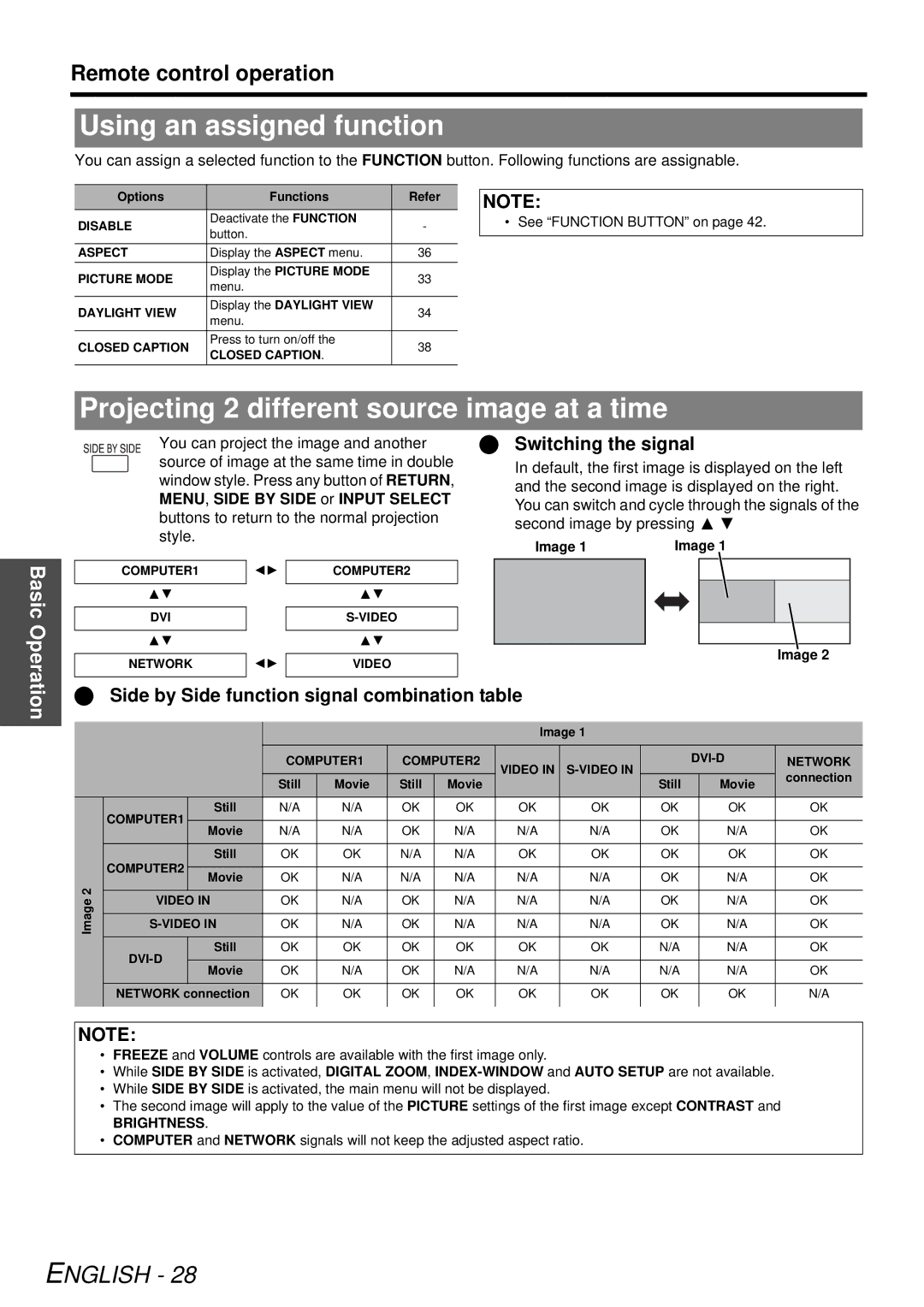 Panasonic PT-FW300NTU Using an assigned function, Projecting 2 different source image at a time, Switching the signal 