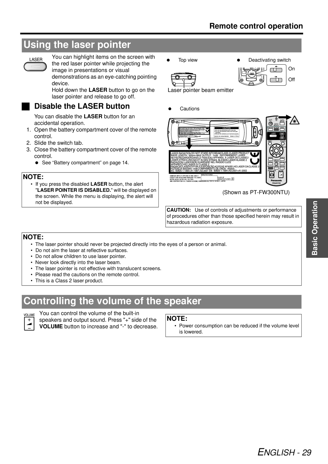 Panasonic PT-FW300U, PT-FW300NTU Using the laser pointer, Controlling the volume of the speaker, Disable the Laser button 