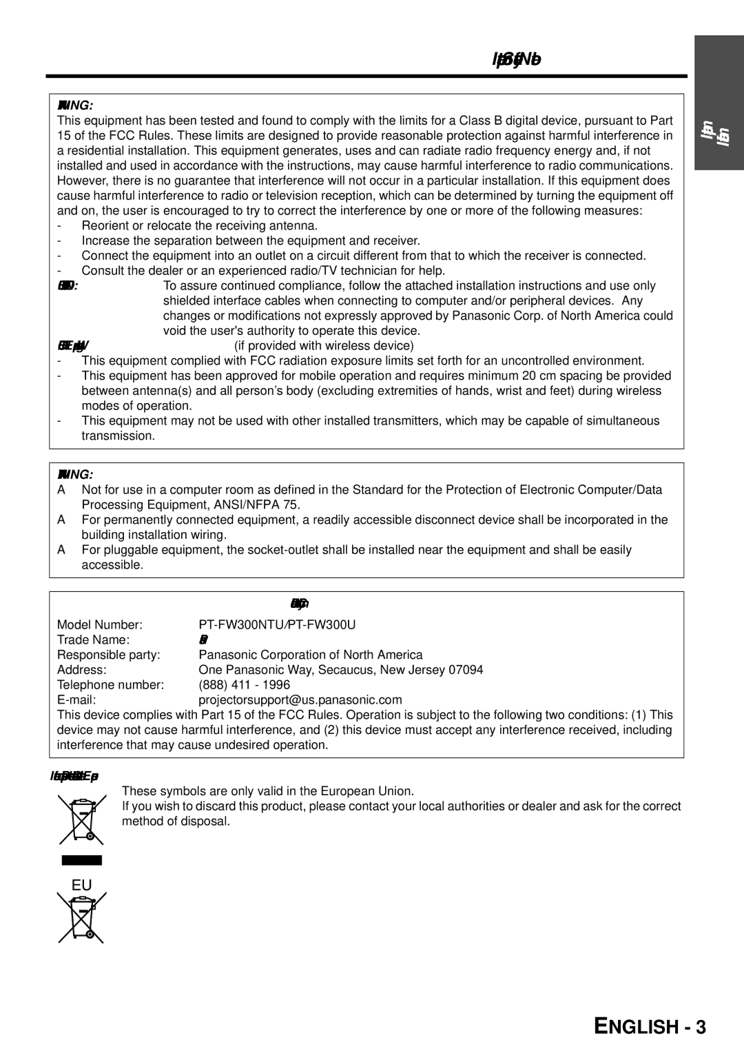 Panasonic PT-FW300U, PT-FW300NTU manual Important Safety Notice, Declaration of Conformity, Trade Name, Panasonic 