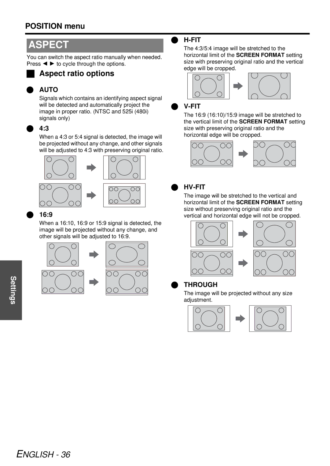 Panasonic PT-FW300NTU, PT-FW300U manual Position menu, Aspect ratio options, 169 