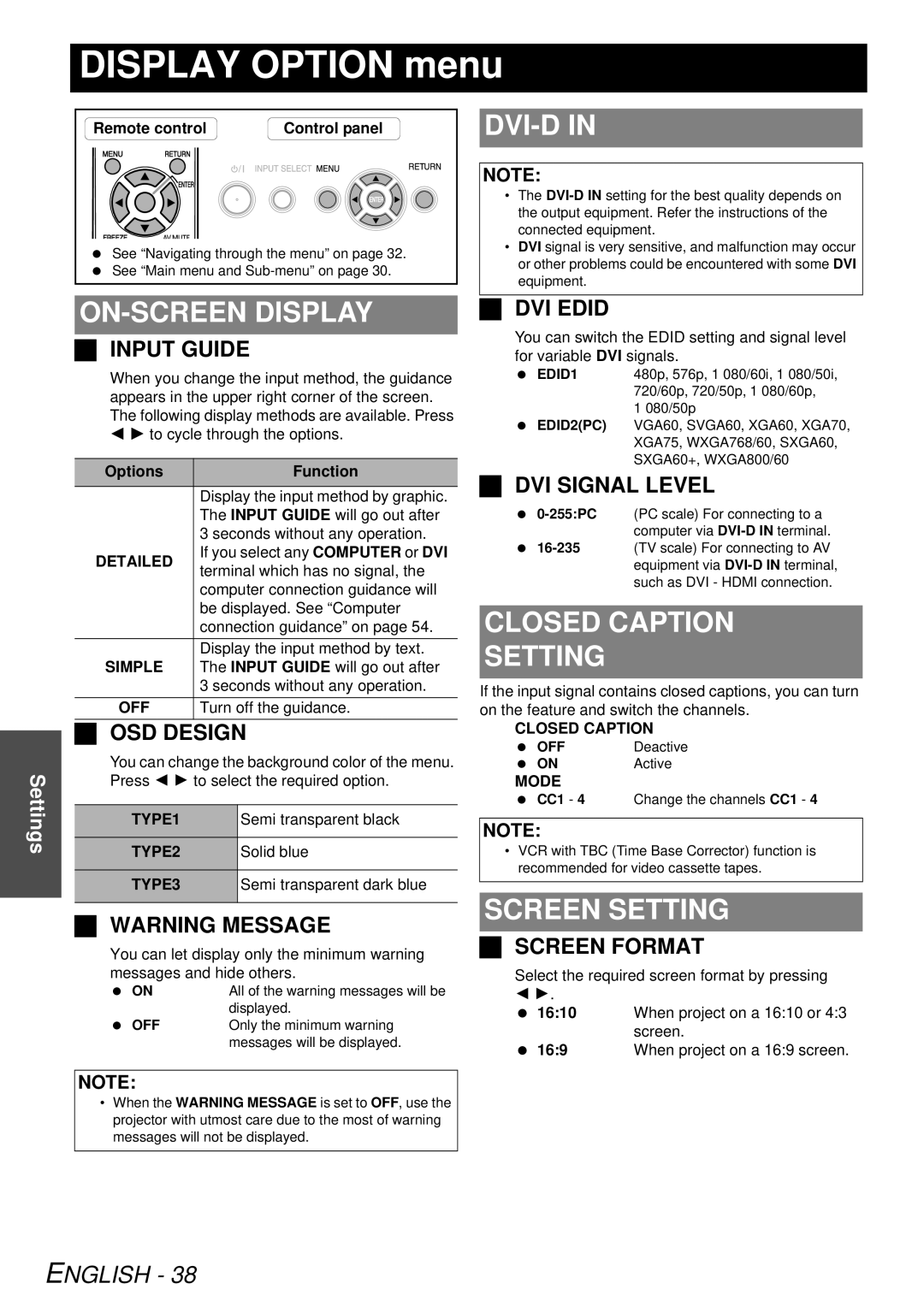 Panasonic PT-FW300NTU, PT-FW300U Display Option menu, Dvi-D, ON-SCREEN Display, Closed Caption Setting, Screen Setting 