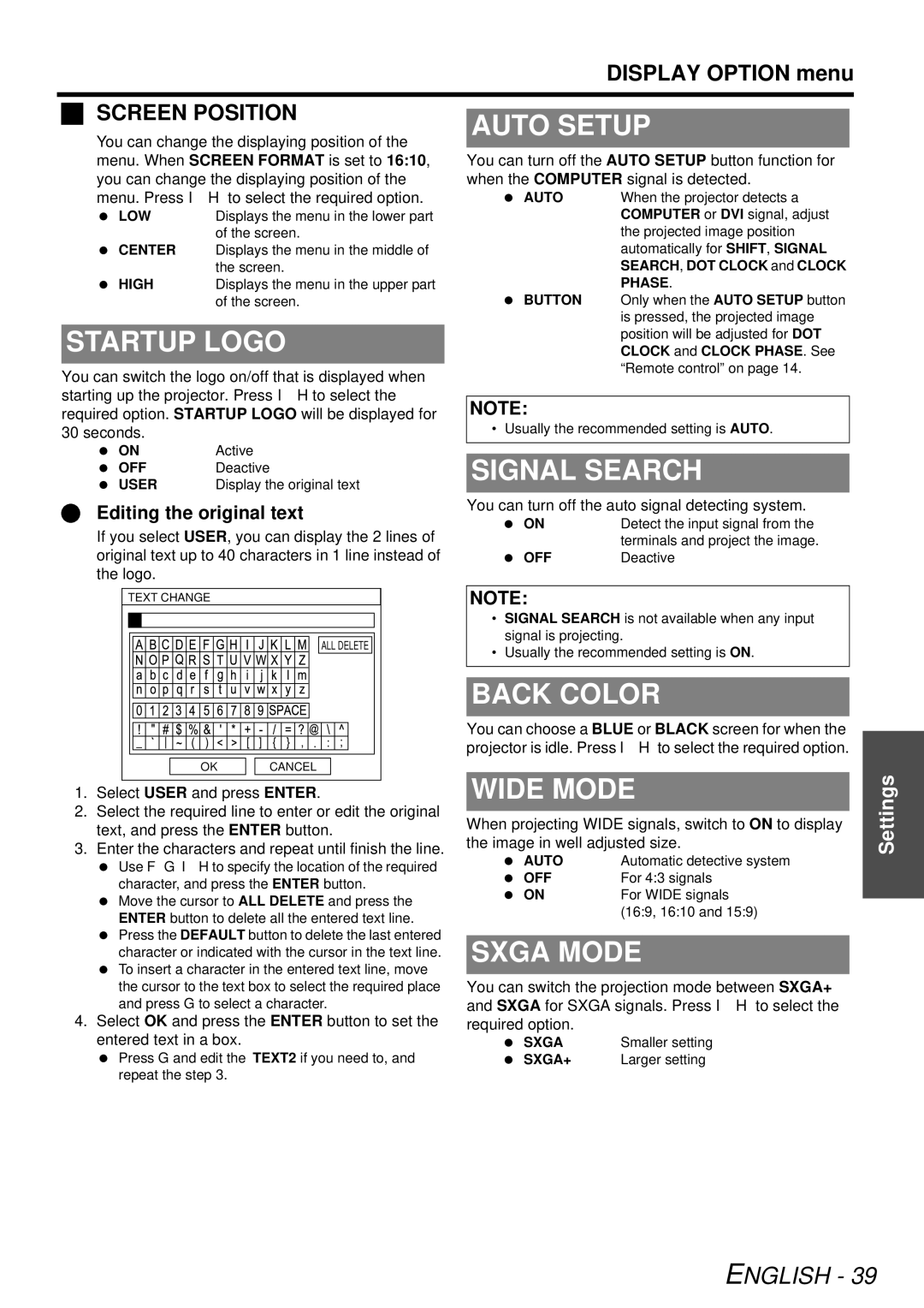 Panasonic PT-FW300U, PT-FW300NTU manual Auto Setup, Startup Logo, Signal Search, Back Color, Wide Mode, Sxga Mode 