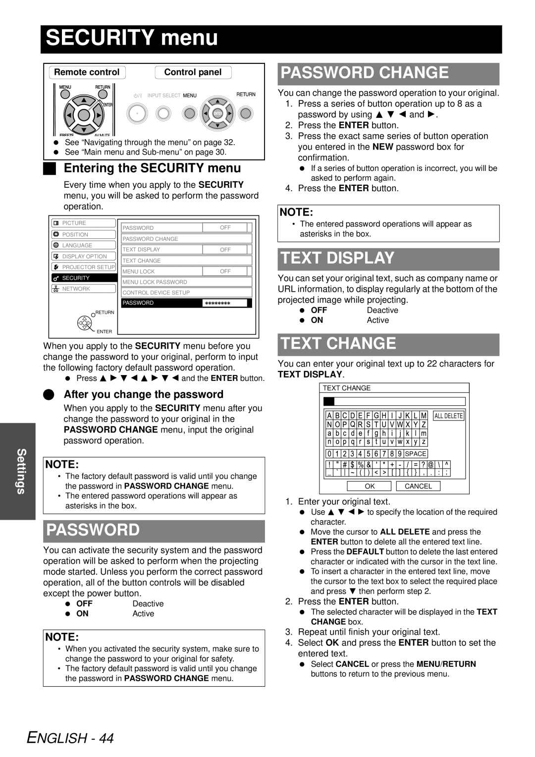 Panasonic PT-FW300NTU, PT-FW300U manual Security menu, Password Change, Text Display, Text Change 