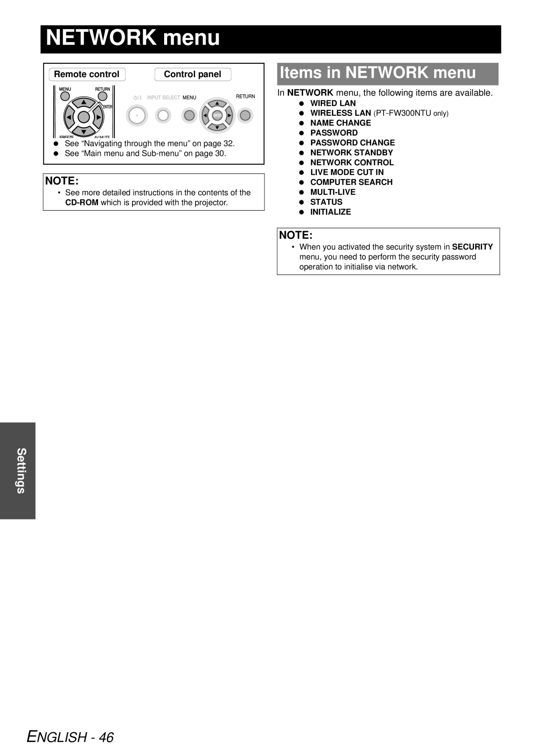 Panasonic PT-FW300NTU, PT-FW300U manual Items in Network menu, Network menu, the following items are available 