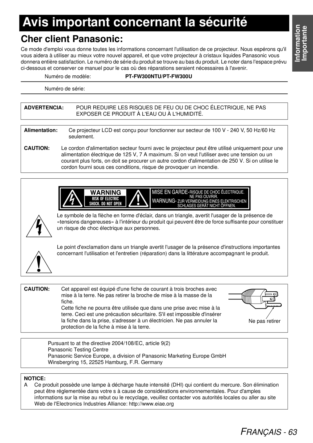 Panasonic manual Avis important concernant la sécurité, PT-FW300NTU/PT-FW300U, Numéro de série 