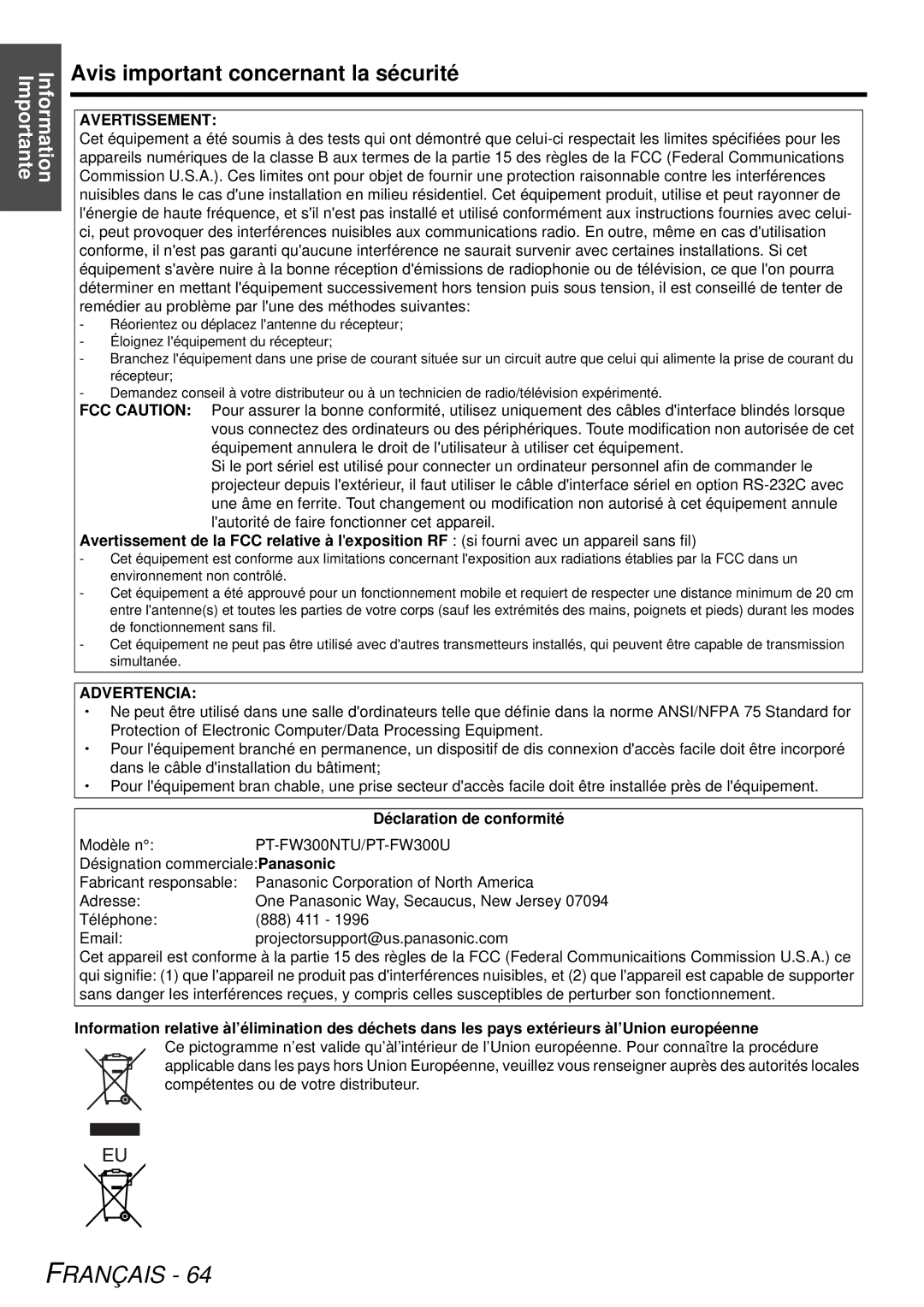 Panasonic PT-FW300NTU manual Avis important concernant la sécurité, Avertissement, Advertencia, Déclaration de conformité 