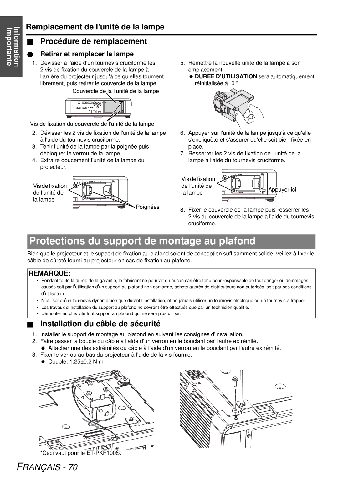 Panasonic PT-FW300NTU, PT-FW300U manual Protections du support de montage au plafond, Installation du câble de sécurité 