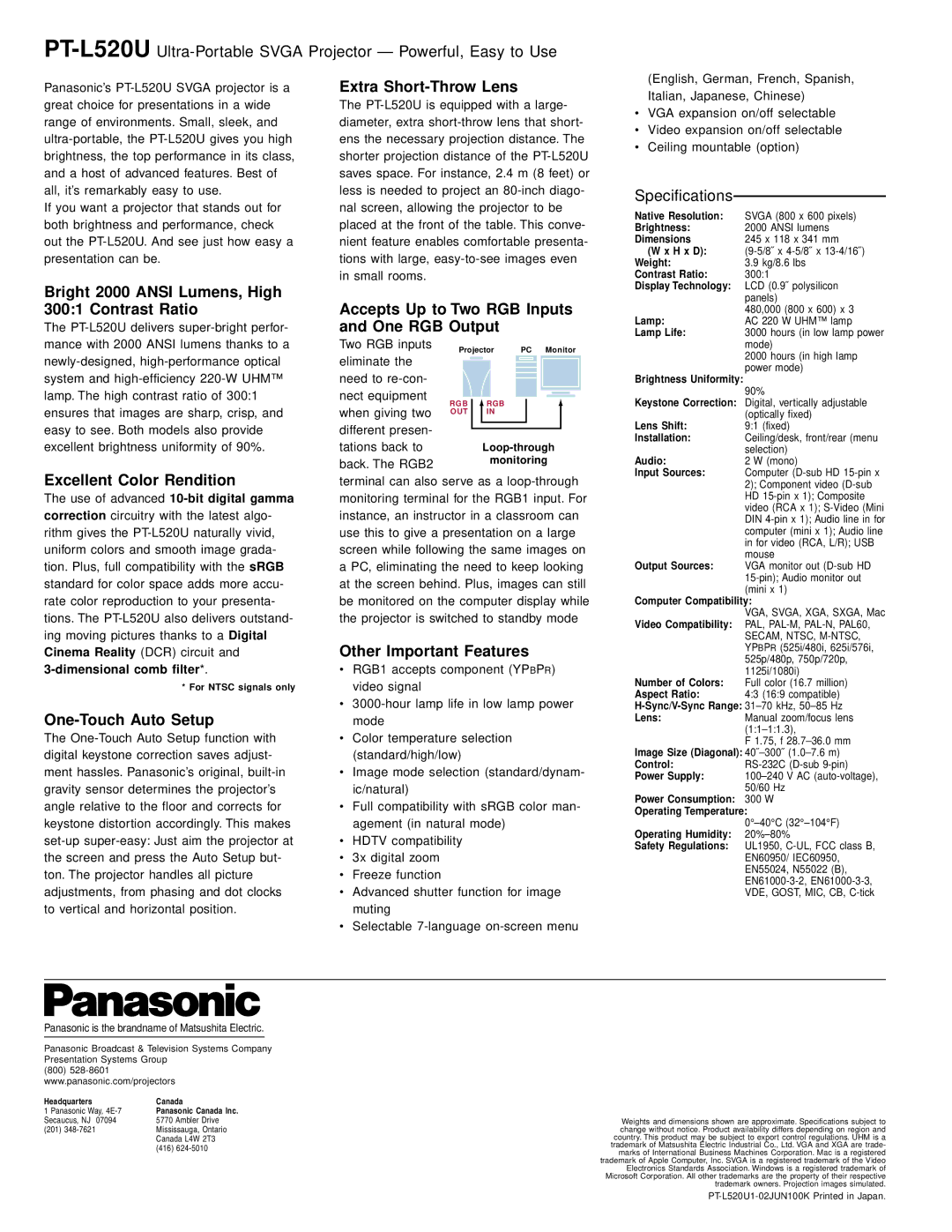 Panasonic PT-L520U manual Bright 2000 Ansi Lumens, High Contrast Ratio, One-Touch Auto Setup, Extra Short-Throw Lens 