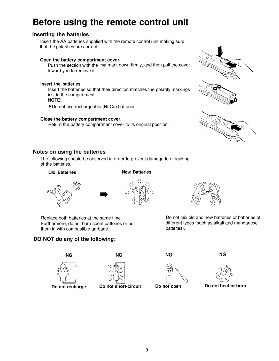 Panasonic PT-L592U manual Before using the remote control unit, Inserting the batteries, Do not do any of the following 