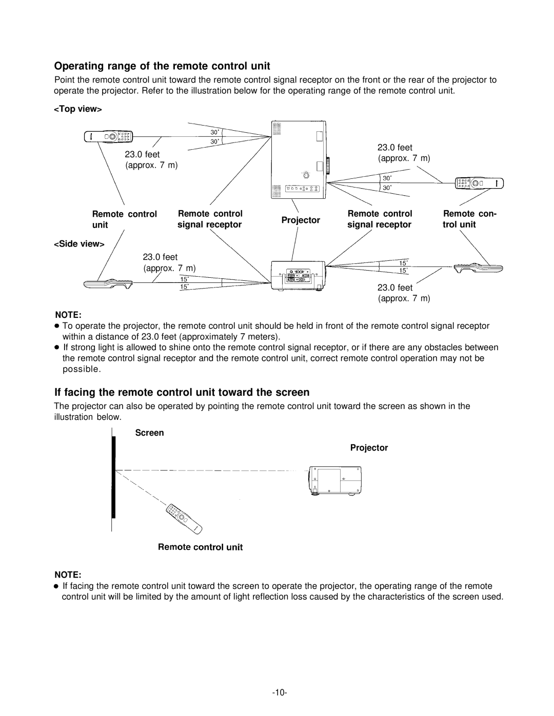 Panasonic PT-L592U manual Operating range of the remote control unit, If facing the remote control unit toward the screen 