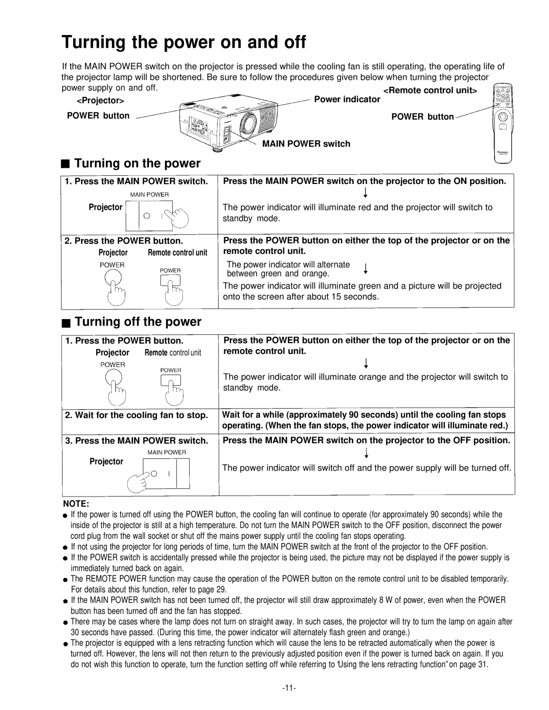 Panasonic PT-L592U manual Turning the power on and off, Turning on the power, Turning off the power 