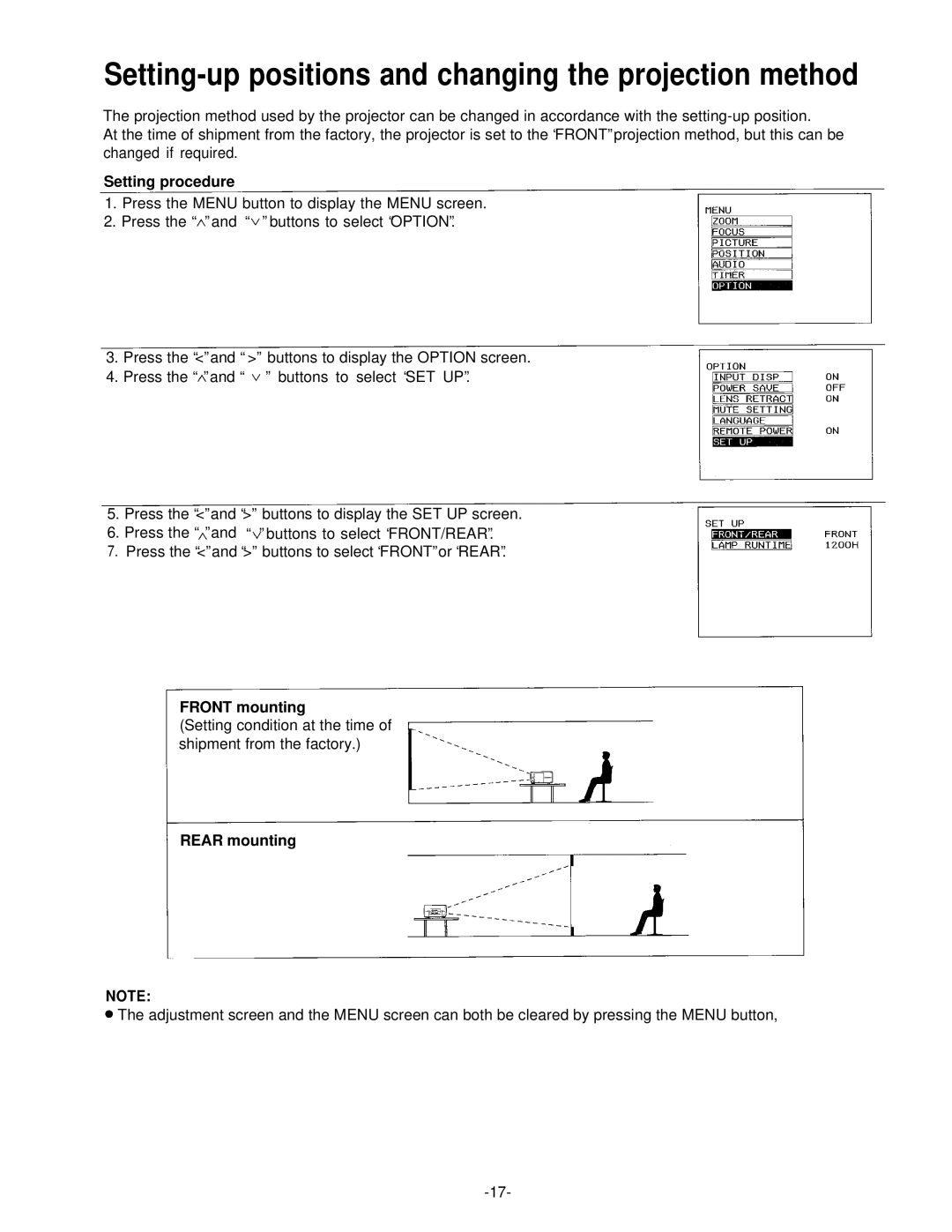 Panasonic PT-L592U manual Setting-up positions and changing the projection method, Setting procedure, Front mounting 