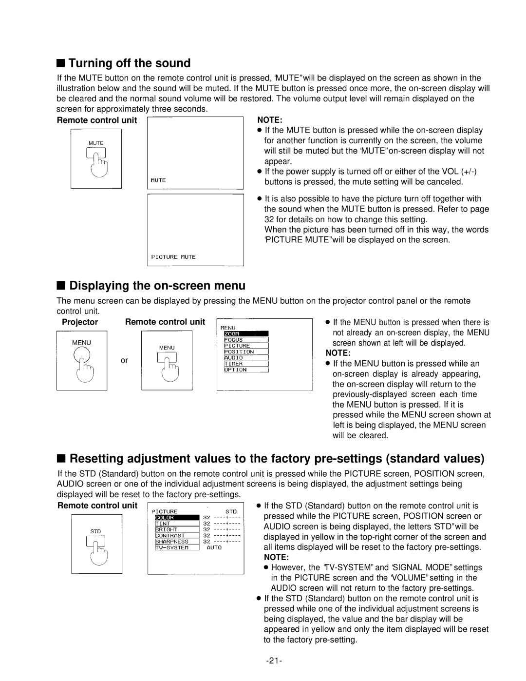 Panasonic PT-L592U manual Turning off the sound, Displaying the on-screen menu, Remote control unit 