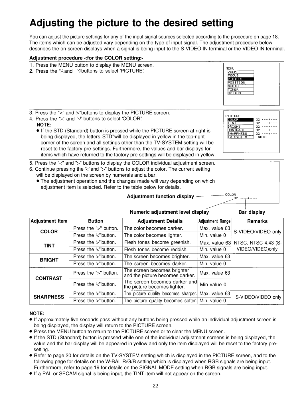 Panasonic PT-L592U manual Adjusting the picture to the desired setting 