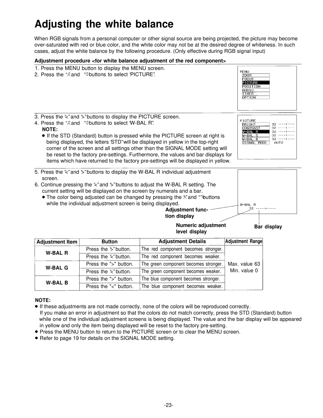 Panasonic PT-L592U manual Adjusting the white balance, Bal R Bal G Bal B 