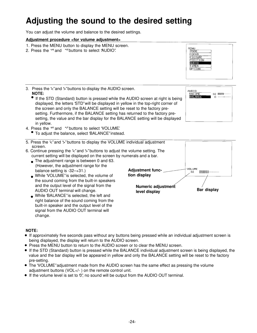 Panasonic PT-L592U manual Adjusting the sound to the desired setting, Adjustment procedure for volume adjustment 