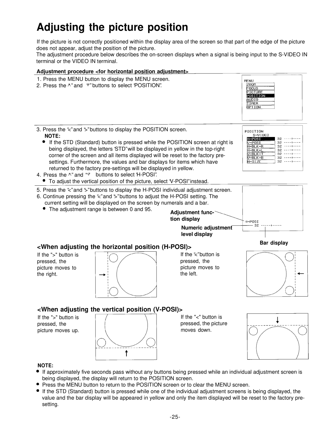 Panasonic PT-L592U manual Adjusting the picture position, Adjustment procedure for horizontal position adjustment 