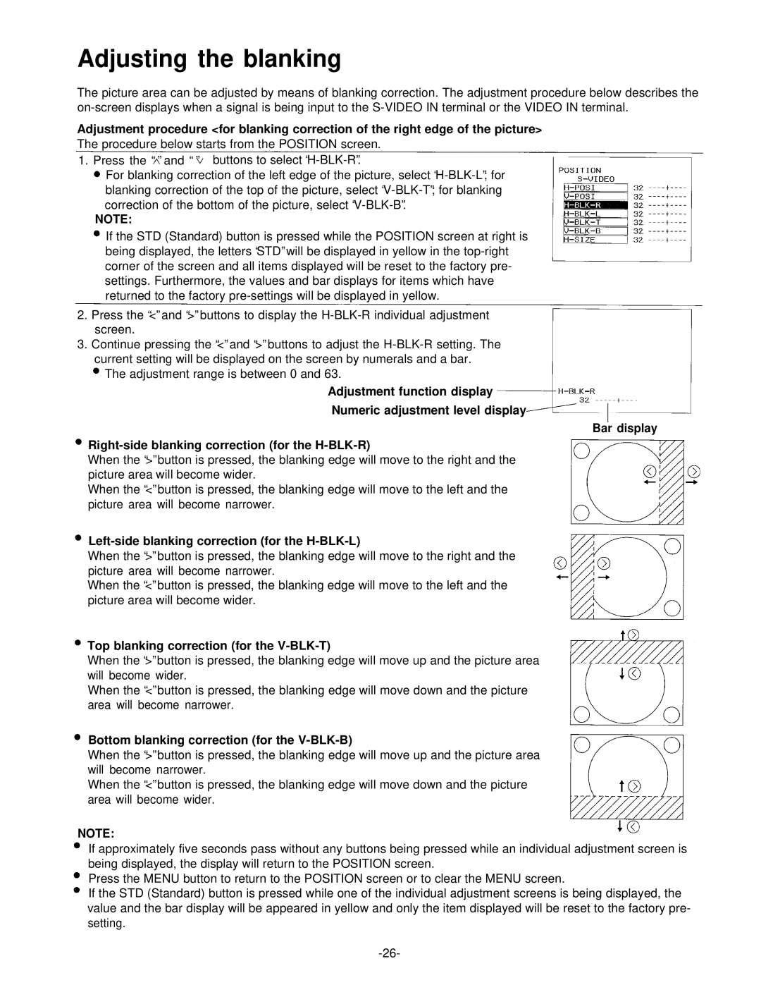 Panasonic PT-L592U manual Adjusting the blanking, Left-side blanking correction for the H-BLK-L 